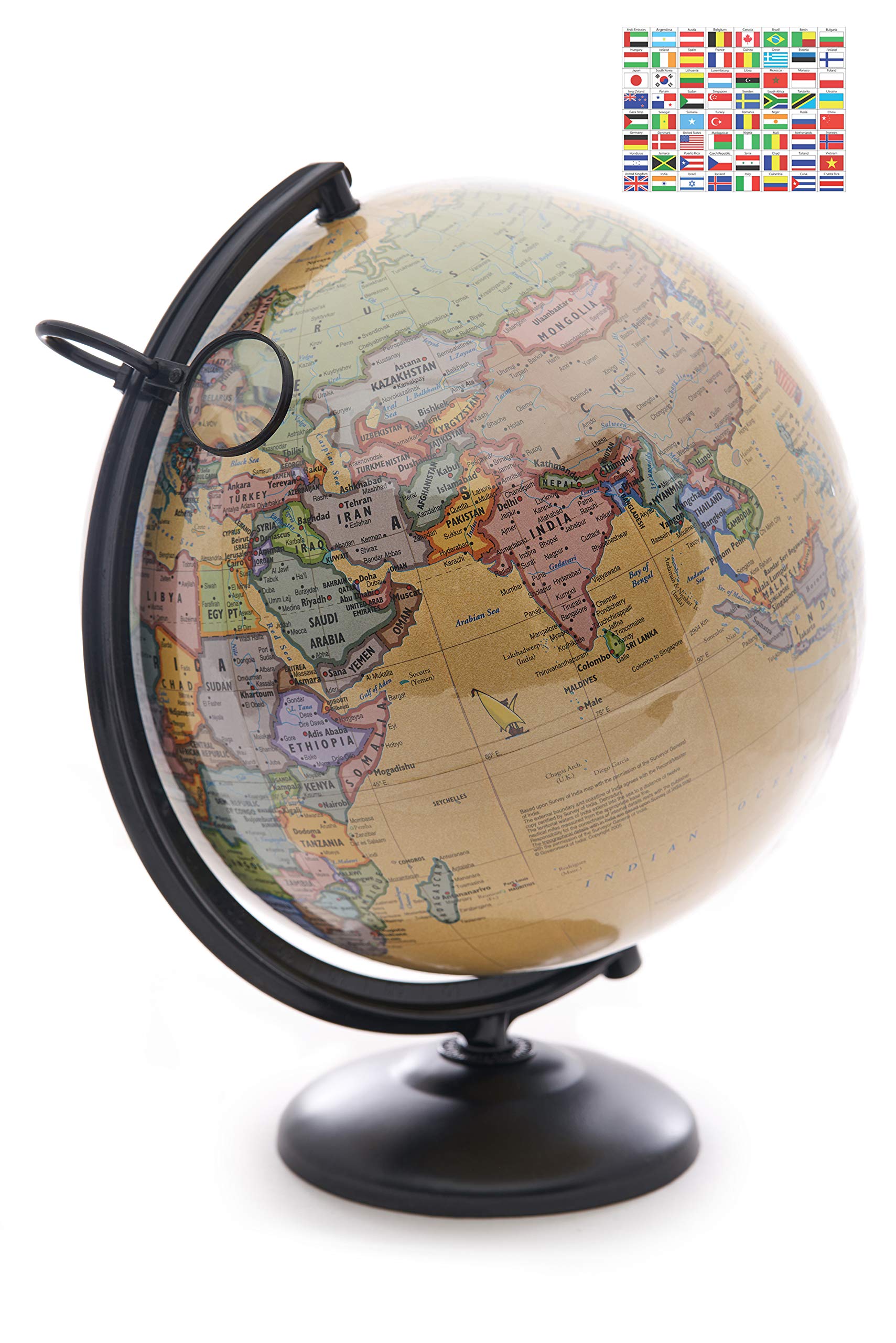 Book Cover 12 Inch World Globe with Metal Stand and Magnifying Glass | Perfect Desk or Classroom Globe for Adults and Children | 2023 Edition Includes Nation Flag Stickers | A Handmade Product