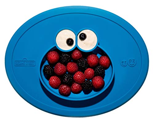 Book Cover ezpz Sesame Street Cookie Monster Mat - One-Piece Silicone placemat + Plate (Blue)