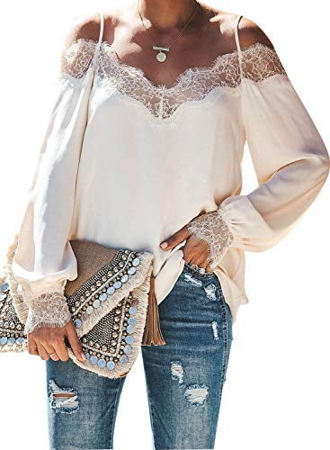 Book Cover Astylish Women's Sexy Long Sleeve Spaghetti Strap Off Cold Shoulder Blouses Tops