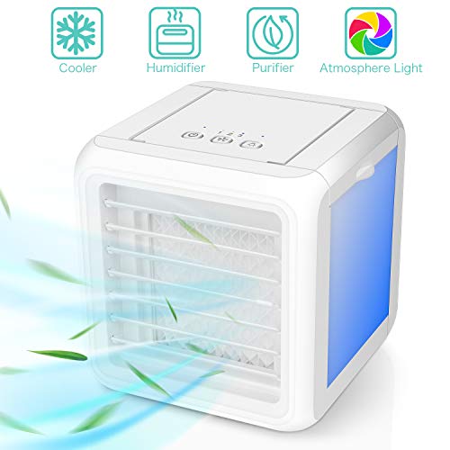 Book Cover Portable Air Conditioner Fan, 3 in 1 Personal Space Air Cooler, Humidifier, Purifier, Desktop Cooling Fan Table Fan with Dual Detachable Water Tank, 7 Colors LED Lights for Home Kitchen Office Dorm