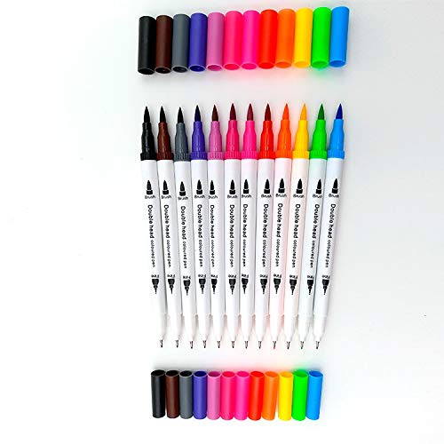 Book Cover MengRan Dual Tip/Double Head/2 in 1 Caligraphy Brush Marker Pens & Porous Fineliner Pen Pastel Colored China Markers Fine Point 0.4 Drawing Pens for Art Office Supplies (12 Colors)