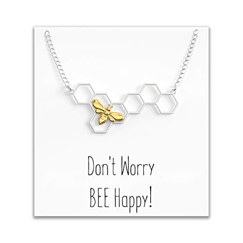 Book Cover Bee Honeycomb Necklace â€“ Bumblebee Pendent Charm in Gold & Silver â€“ Donâ€™t Worry Bee Happy Message Card