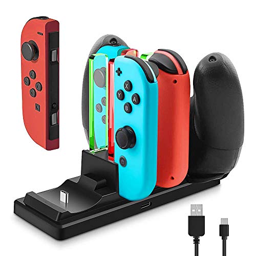 Book Cover Controller Charger for Nintendo Switch, 6 in 1 Charging Station Stand Dock for Nintendo Joy-Con and Pro Controllers with Individual LEDs Indicator and Type C USB Charging Cable