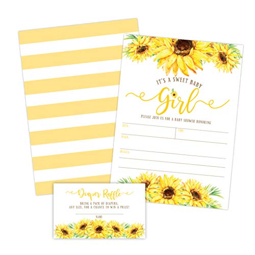Book Cover Sunflower Girl Baby Shower Invitations, Yellow Floral Baby Shower Invites with Diaper Raffles Cards, Sprinkle, 20 Invites