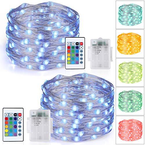 Book Cover Speclux 16.4ft LED RGB String Lights Battery Powered with Remote Control, 16 Colors Changing Fairy Lights , 4 Lighting Modes & Timer for Indoor Outdoor Illumination Decoration, Silver Wire 2Pack
