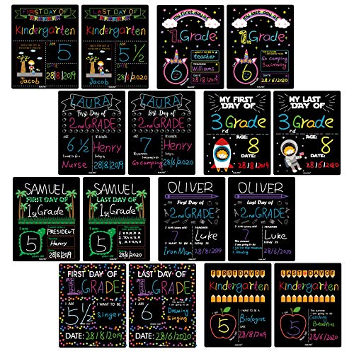 Book Cover First Day of School & Last Day of School Signs for 8x10 Picture Frame, DIY Back to School Photo Porp Signs for Boys and Girls Chalk Marker Erasable 8 Assortment Designs - 16 Pcs