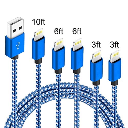 Book Cover 5Pack(3ft 3ft 6ft 6ft 10ft) iPhone Lightning Cable Apple Certified Braided Nylon Fast Charger Cable Compatible iPhone Max XS XR 8 Plus 7 Plus 6s 5s 5c Air iPad Mini iPod (Blue White)