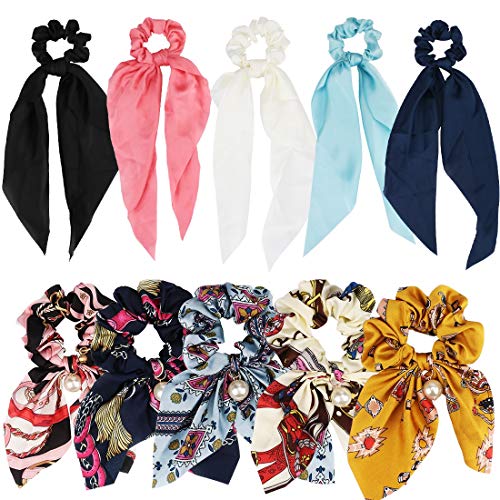 Book Cover ANBALA Satin Ribbon Hair Scrunchies,10Pcs Bow Scarf Scrunchies, Thin Cold Scrunchies with Tail, Hair Ties Accessories for Girls Women Long Scrunchies Hair Scarves (5 Floral + 5 Solid Color Scrunchies)