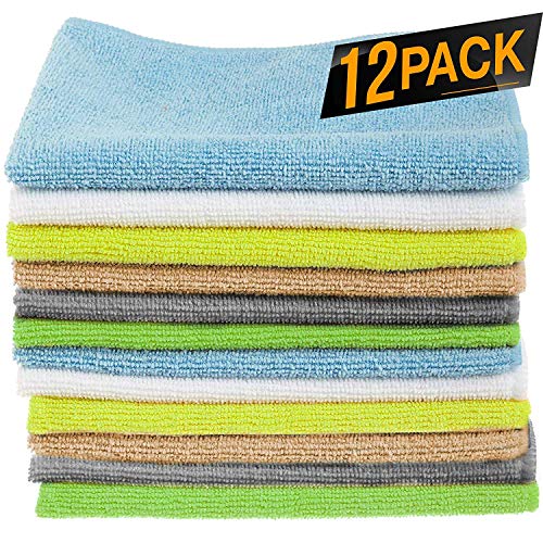 Book Cover 12 Pack Microfiber Cloths Cleaning Supplies [Get Lint-Free Polished Results] Micro Fiber Cleaning Towels, Chemical Free Kitchen Towel, Clean Windows & Cars