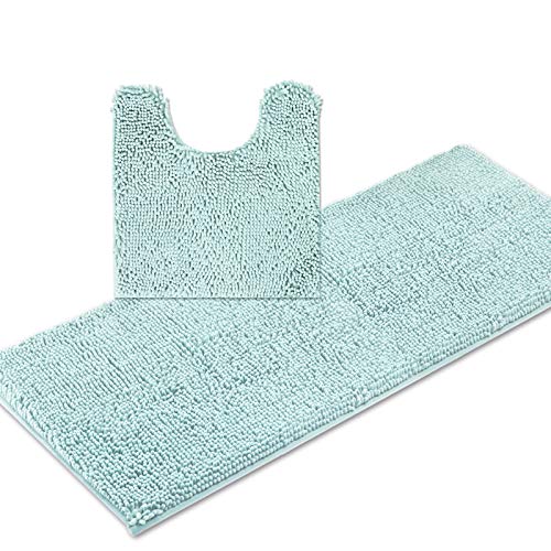 Book Cover ITSOFT 2pc Non-Slip Shaggy Chenille Bathroom Mat Set, Includes 21 x 24 Inches U-Shaped Contour Toilet Mat and 21 x 47 Inches Bath Mat, Spa Blue
