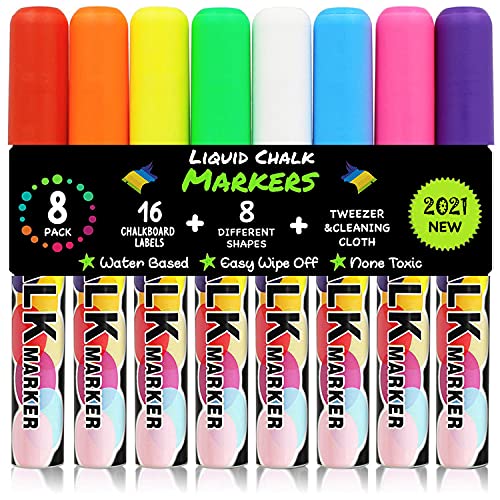 Book Cover Chalk Markers, Erasable Chalkboard Marker Pens for Menu Board Signs, Non-toxic Premium Liquid Chalk Markers Neon Pens for Decor, 8 Packs Non-Toxic Window Glass Markers Washable , 16 Labels, Paint Marker Pens for Car Paint Kids Art DIY Halloween