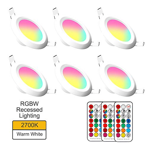 Book Cover Recessed Lighting RGB & Warm White 2700K, 6 Pack 3 Inch Recessed Downlight 5W 400W Eqv. 400 Lumens Dimmable by IR Remote Control, Dual Memory - Timer - 12 Color Choices - 2 Modes, IR Remote Control In