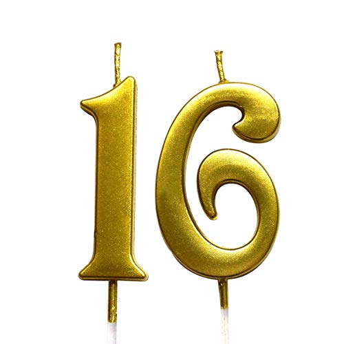 Book Cover Gold 16th Birthday Numeral Candle, Number 16 Cake Topper Candles Party Decoration for Girl Or Boy