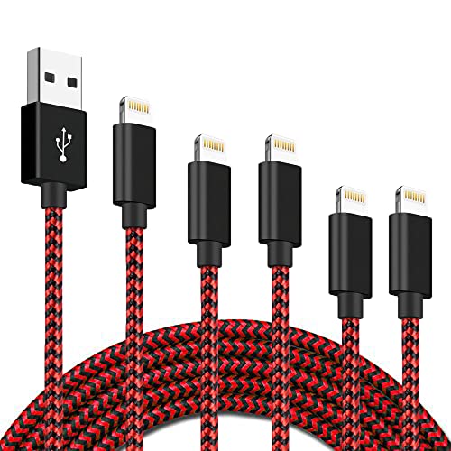 Book Cover 5Pack(3ft 3ft 6ft 6ft 10ft) iPhone Lightning Cable Apple Certified Braided Nylon Fast Charger Cable Compatible iPhone Max XS XR 8 Plus 7 Plus 6s 5s 5c Air iPad Mini iPod (red+Black)