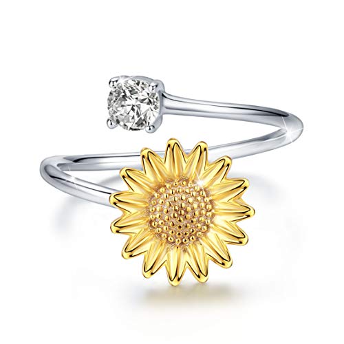 Book Cover JUSTKIDSTOY Sterling Silver Adjustable Sunflower Flower Ring Open Band with Cubic Zirconia Stacking Finger Thumb Rings Jewelry for Women