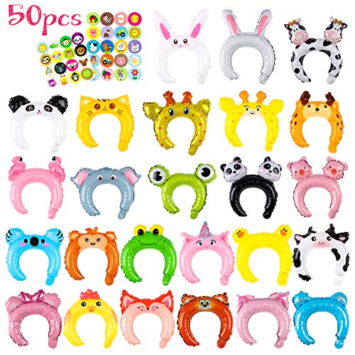 Book Cover MALLMALL6 50p Zoo Animal Inflatable Headbands Wildlife Balloon Hair Hoop Include Forest Safari Farm Animals Jungle Theme Birthday Party Supplies with Animal Stickers Party Favors Costumes for Kids