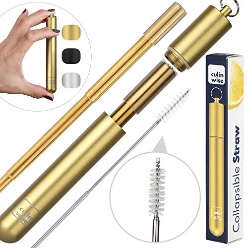 Book Cover Culinwise Reusable Collapsible Stainless Steel Straw - Metal Drinking Straw with Portable Aluminum Travel Case Silicone Tip Retractable Cleaning Brush and Keychain - Eco Friendly (Gold)