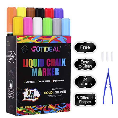 Book Cover GOTIDEAL Liquid Chalk Markers, 12 Colors Premium Window Chalkboard Neon Pens, Including 2 Metallic Colors, Painting and Drawing for Kids and Adults, Bistro & Restaurant, Wet Erase - Reversible Tip