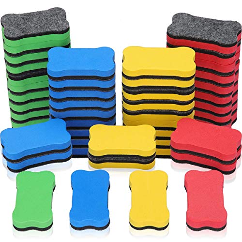 Book Cover 48 Pieces Magnetic Whiteboard Eraser Office Erasers Bone-shaped Dry Erasers Fit for School, Home and Office, Red, Yellow, Blue and Green