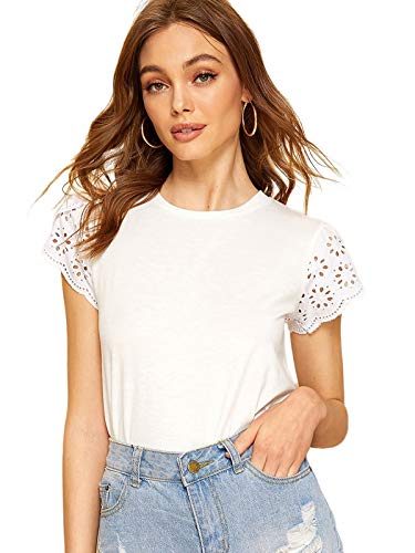 Book Cover SweatyRocks Women's Casual Eyelet Short Sleeve Solid T-Shirt Blouse Tops
