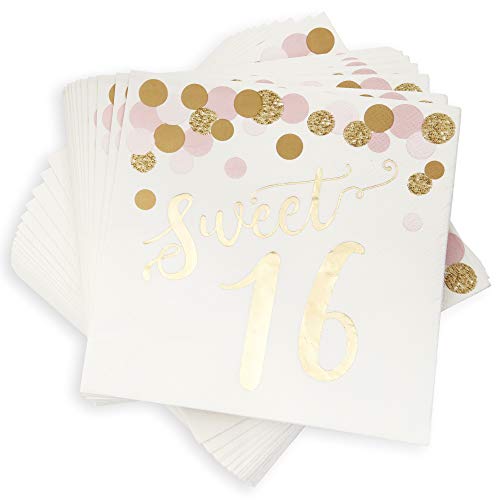 Book Cover Sparkle and Bash Sweet 16 Napkins (50 Pack) 6.5 Inches, Gold Foil
