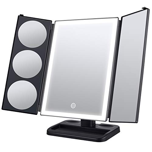 Book Cover SOLVE Oversized Makeup Mirror with Lights, 32 Superfire LED Light Strips Vanity Mirror with 1x 2X 3X 5X Magnification, 180 and 90 Rotation,Touch Screen Switch, Dual Power Supply, Black