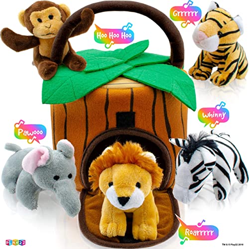 Book Cover Play22 Plush Talking Stuffed Animals Jungle Set - Plush Toys Set with Carrier for Kids Babies & Toddlers - 6 Piece Set Baby Stuffed Animals Includes Stuffed Elephant, Tiger, Lion, Zebra, Monkey