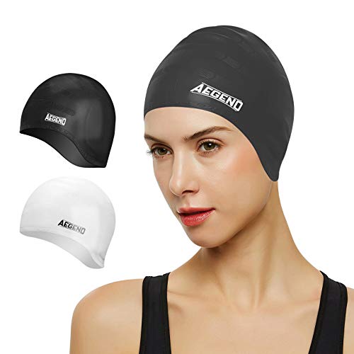 Book Cover Aegend Unisex Swim Caps Cover Ears (2 Pack) , Durable & Flexible Silicone Swimming Caps for Long Hair & Short Hair，Easy to Put On and Off, 6 Colors