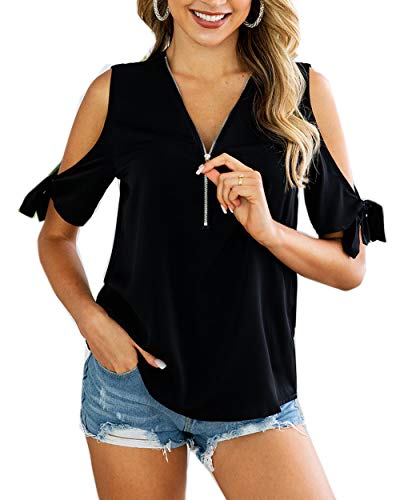 Book Cover TOPUSH Women's Cold Shoulder Zipper Front Deep V-Neck T-Shirt Casual Blouse Loose Top Short Sleeve Tee