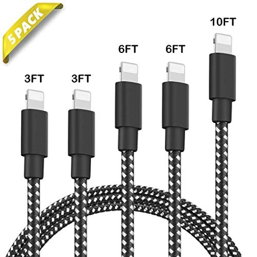 Book Cover Phone Charger 5Pack 3FT 3FT 6FT 6FT 10FT Nylon Braided USB Charging & Syncing Cable Compatible with Phone 11 11 Pro MAX XS MAX XR X 8 8 Plus 7 7 Plus 6s 6s Plus 6 6 Plus and More (Black&White)