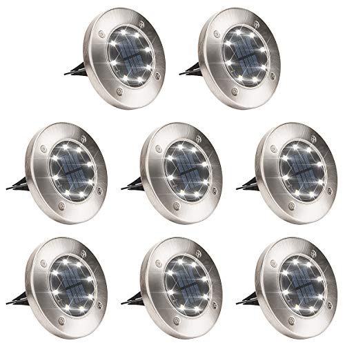 Book Cover GIGALUMI 8 Pack Solar Ground Lights, 8 LED Solar Powered Disk Lights Outdoor Waterproof Garden Landscape Lighting for Yard Deck Lawn Patio Pathway Walkway (White)