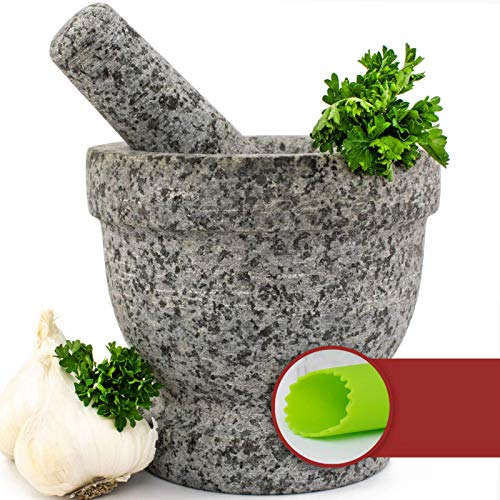 Book Cover Mortar and Pestle Set - Unpolished Granite Bowl with Bonus Garlic Peeler | Great for Guacamole! | 1.5 Cup Capacity. Protective Pad for Stability and Protected Counters