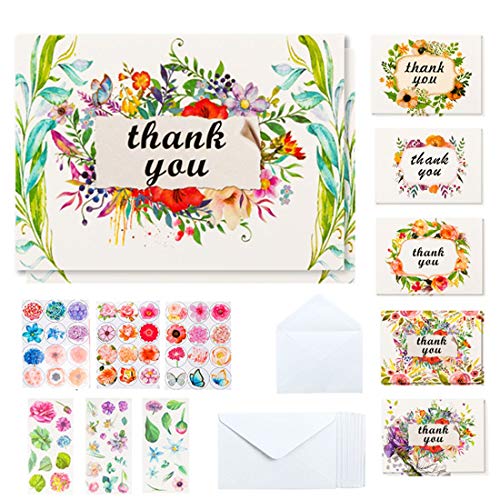 Book Cover Thank You Cards, 36 Bulk Floral Thank You Notes Greeting Cards with 36 White Envelopes and 6 Bonus Stickers By Feela, Kids Thank You Card Perfect for Baby &Bridal Shower Wedding Graduation Anniversary