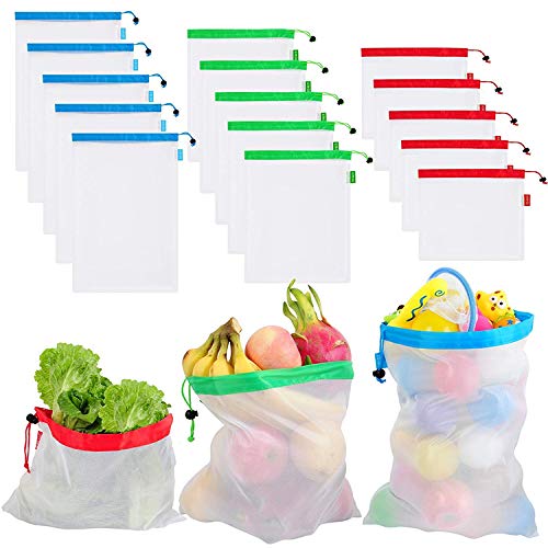 Book Cover Mesh Reusable Produce Bags, 12 Pack, Small, Medium, Large Sizes, Natural BPA Free Nylon, Shop and Store Vegetables, Fruits, Fresh Foods, Tare Weight Scannable Tags, Easy To Carry & Store