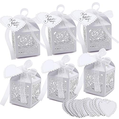 Book Cover VGoodall 100 Pcs Party Favor Box,Pearl White Paper Laser Cut Heart Gift Candy Box,Wedding Decoration with 100 Ribbon and 100 Blank Love Heart Tags