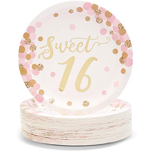 Book Cover Sparkle and Bash Sweet 16 Party Paper Plates, (48 Pack) Gold, 7 Inches