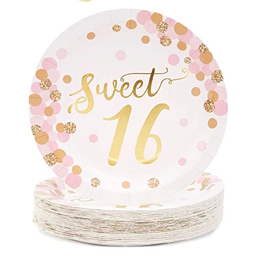 Book Cover 48-Pack Rose Gold and Pink Sweet 16 Birthday Plates for 16th Birthday Party (9 in)