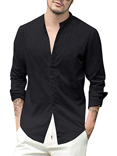 Book Cover Makkrom Men's Casual Button Down Cotton Linen Shirts Long Sleeve Band Collar Beach Shirt Top
