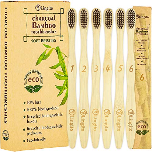 Book Cover Lingito 6-Pack Natural Charcoal Bamboo Toothbrushes | BPA Free Soft Bristles | Compostable, Eco Friendly, Natural, Organic & Vegan Toothbrush Pack | Individually Packaged & Numbered Active Brushes