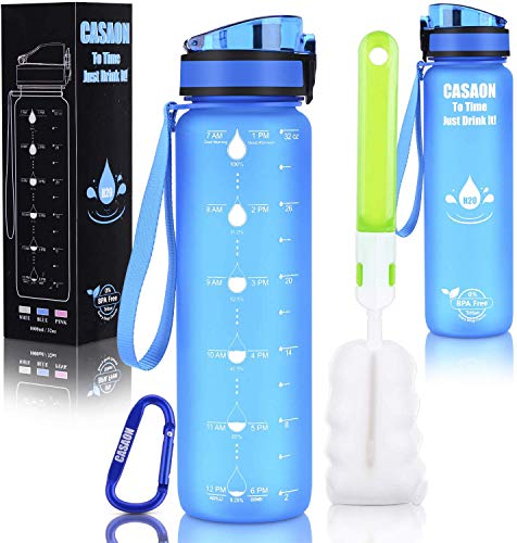Book Cover 32oz Motivational Water Bottle with Time Marker, 1 Liter Tritan BPA Free Sports Water Bottle - Blue