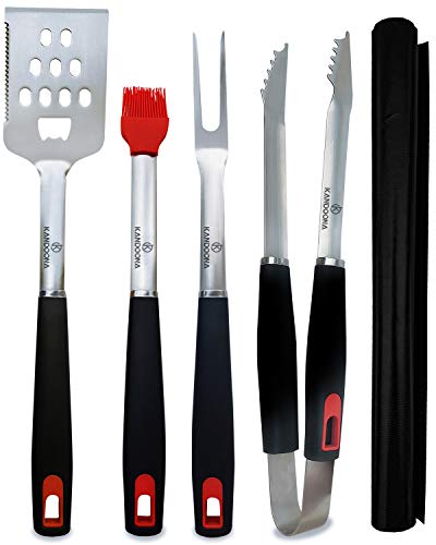 Book Cover KANDOONA Grill Utensils Set - Heavy Duty Stainless Steel Grilling Tools - Spatula, Fork, Tongs, Basting Brush, Grill Mat - Premium Barbecue Tools - Grill Tools with Gift Box