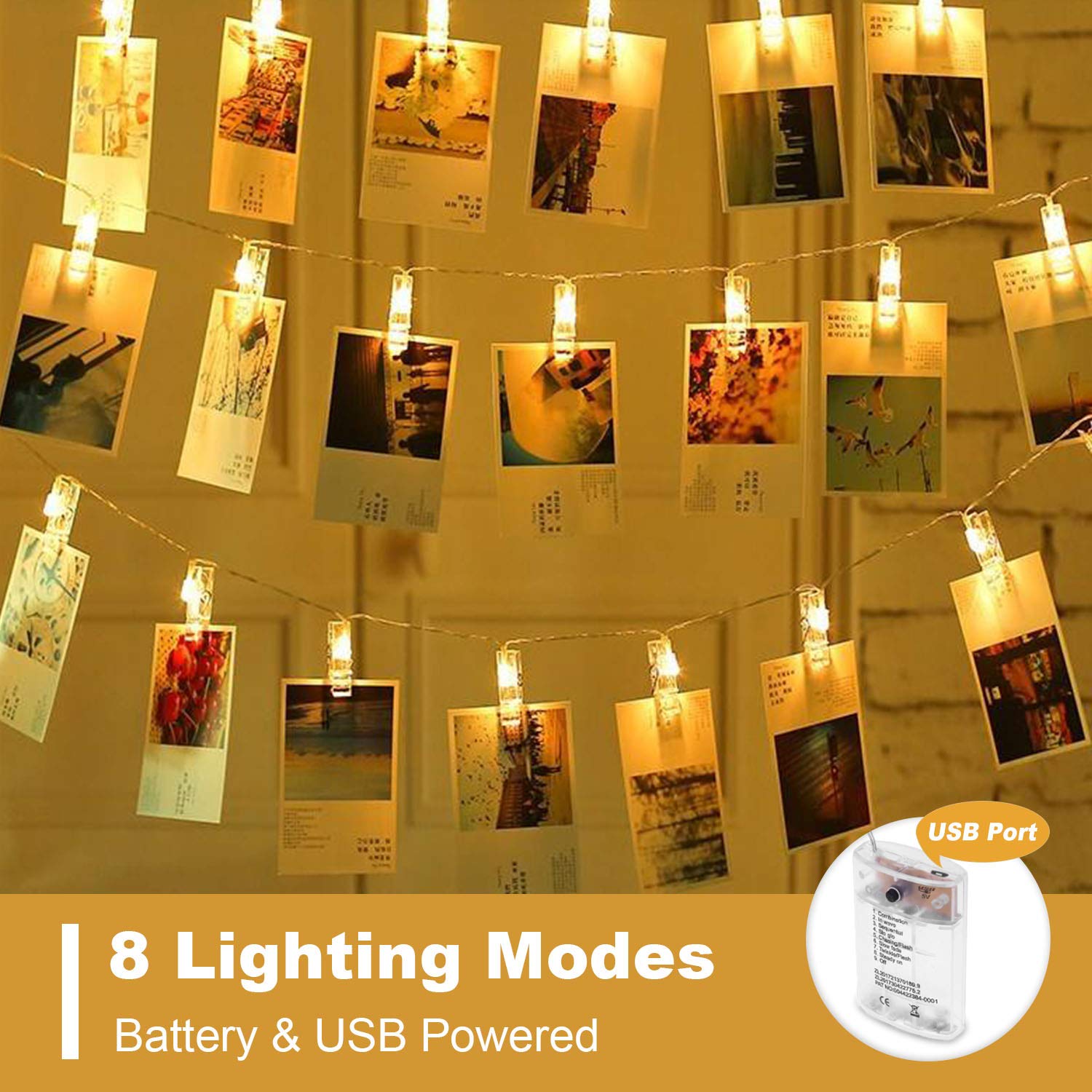 Book Cover OUSFOT Photo Clips String Lights Battery & USB Powered 8 Modes Picture Hanging Lights 40 Led Photos Christmas Cards Clips Holder for Bedroom Valentine Decoration (Warm White) …