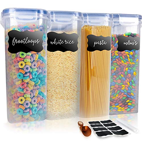 Book Cover DS HappyLiving Cereal Storage Container Large Set of 4 | 132oz Airtight Cereal Containers Bpa-free Plastic Cereal Container | Cereal Storage With Pen & 8 Labels & Scoop Flour Sugar Frosted Cheerios