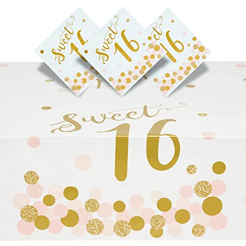 Book Cover 3 Pack Sweet 16 Tablecloth for Girls 16th Birthday Party Decorations (Pink, Gold, 54 x 108 in)