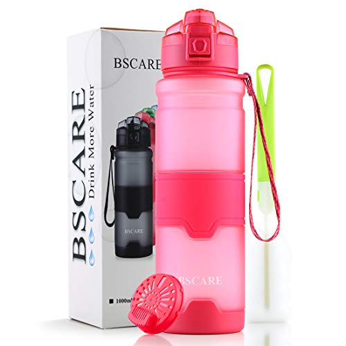 Book Cover BSCARE Sports Water Bottle, 36-Ounce Large BPA Free Water Bottle for Fitness, Outdoor Enthusiasts, Leakproof & Durable Eco-Friendly Tritan Drink Bottle with Filter, Pop Open Lid (Pink)