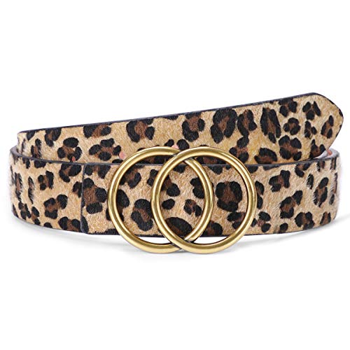 Book Cover Women's Leopard Print Leather Belt for Jeans Dresses Fashion Waist Belt with Gold Double Ring Buckle