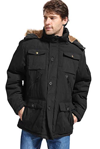 Book Cover Yozai Mens Winter Parka Insulated Warm Jacket Military Coat Faux Fur with Pockets and Detachable Fur Hood - Black - Large