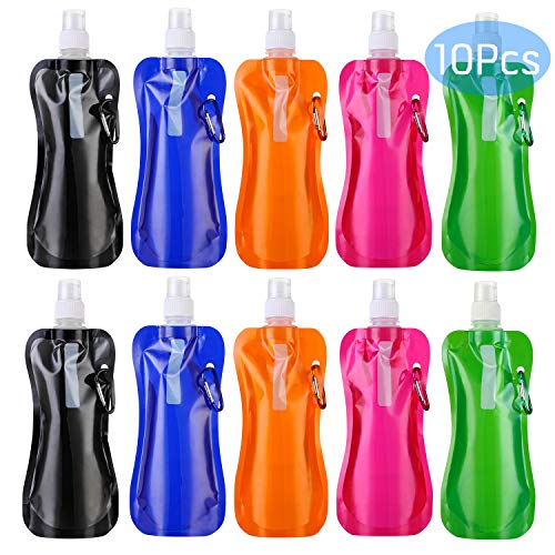 Book Cover recyco Collapsible Water Bottle 10 Pcs (16 oz), Reusable Drinking Water Bottle with Carabiner for Travel 5 Colors