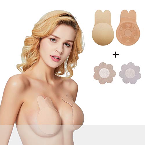 Book Cover Breast Lift Tape Nipplecovers Self Adhesive Bra Silicone Nippleless Cover Invisible Pasties Reusable Strapless Backless Bra (Beige, Large(Suit for C/D Cup))