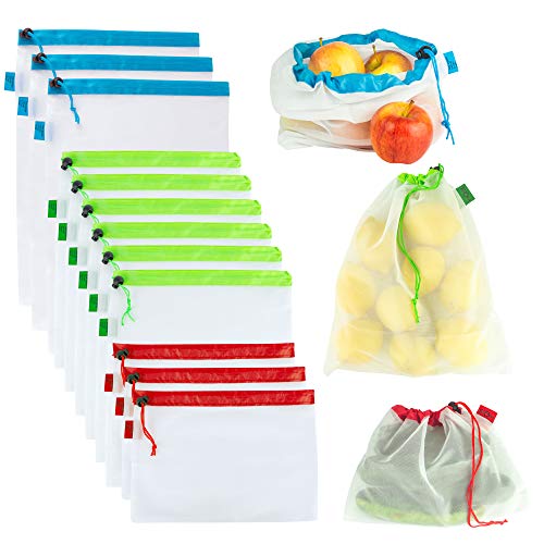 Book Cover Mesh Reusable Produce Bags, 20 Pack, Small, Medium, Large Sizes, Natural BPA Free Nylon, Shop and Store Vegetables, Fruits, Fresh Foods, Tare Weight Scannable Tags